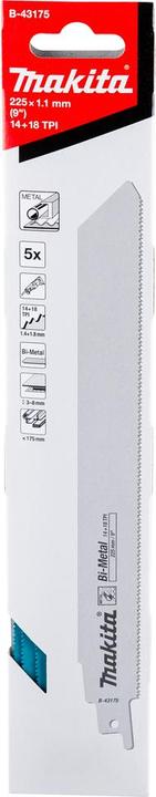 Image du produit Makita B-43175 Lames de scie droite BIM 225x1,1mm (14 + 18tpi), 5pcs, pour métal 3-8mm, pour tuyaux <175mm