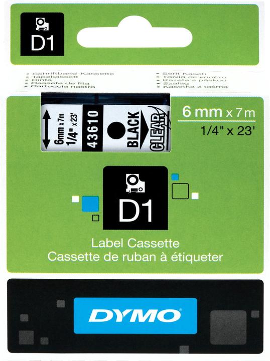 Produktbild Dymo D1 Schriftband 43610 6mmx7.0m schwarz->transp. (0.60 cm, Schwarz, Transparent)