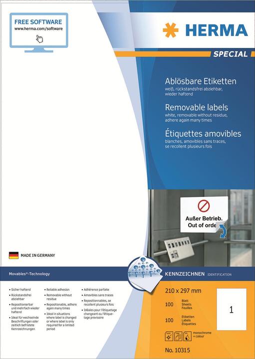 Image du produit HERMA Étiquettes détachables A4