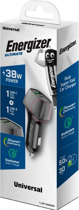 Image du produit Energizer Chargeur de voiture - Power Delivery & QC3 - 38W - 1 USB-C & 1 USB-A, noir