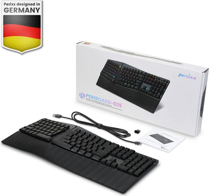 Immagine prodotto Perixx PERIBOARD-835 BR DE, tastiera meccanica ergonomica senza fili con illuminazione RGB - reggiseno (DE, Senza fili)