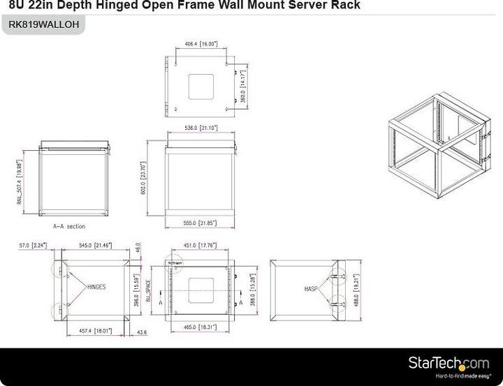Image du produit StarTech Rack serveur ouvert 8 U 19 pouces avec charnière - profondeur 55cm (8 HE, Rack 19 pouces)