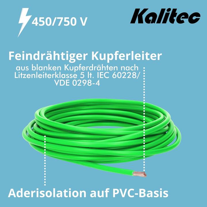Produktbild Kalitec 10 Meter H07V-K 1,5 mm² grün Verdrahtungsleitung I Aderleitung flexibel I PVC Einzelader I L (10 m)