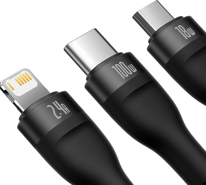 Actual product image Baseus 3in1 USB cable Flash Series, USB-C + micro USB + Lightning, 100W, 1.2m (black) (1.20 m, USB 3.2 Gen 1, 100 W)