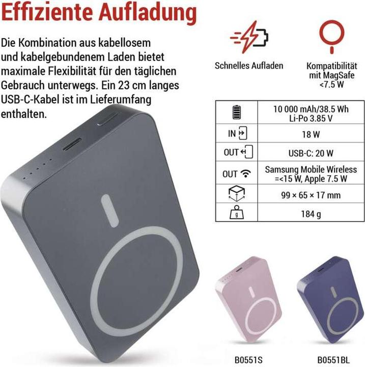 Actual product image Emos Powerbank WI 1046, 10 000 mAh, 20 W+Wireless, grey (10000 mAh, 20 W, 38.50 Wh)