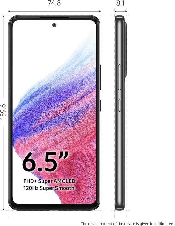 Actual product image Samsung Galaxy A53 5G (128 GB, Awesome Black, 6.50", Hybrid Dual SIM, 64 Mpx, 5G)