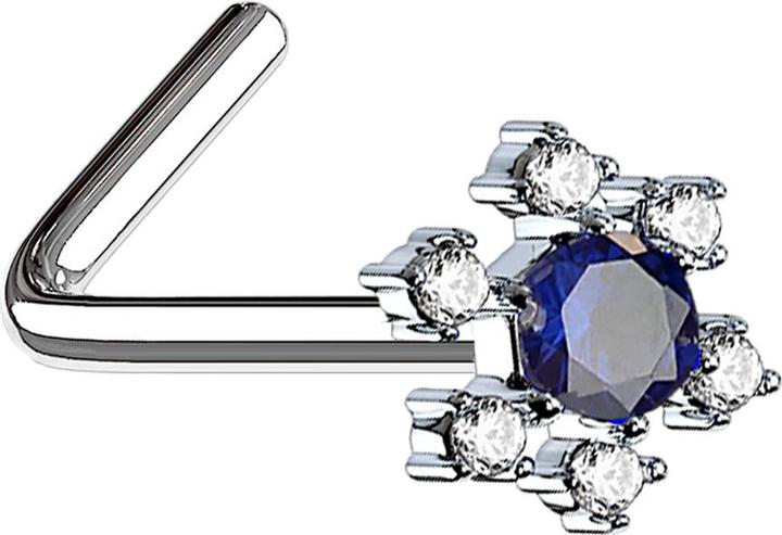 Actual product image Star Piercing Nasenstecker gewinkelt silber Blume mit grossem Kristall blau (Surgical steel 316L, Brass)