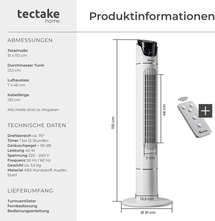 Image du produit tectake Ventilateur de tour (50 dB)