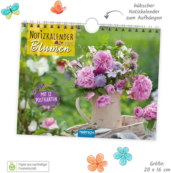 Actual product image Trtsch Notizkalender Querformat Notizkalender Blumen 2026 mit 12 Postkarten (20 x 16 cm, German)