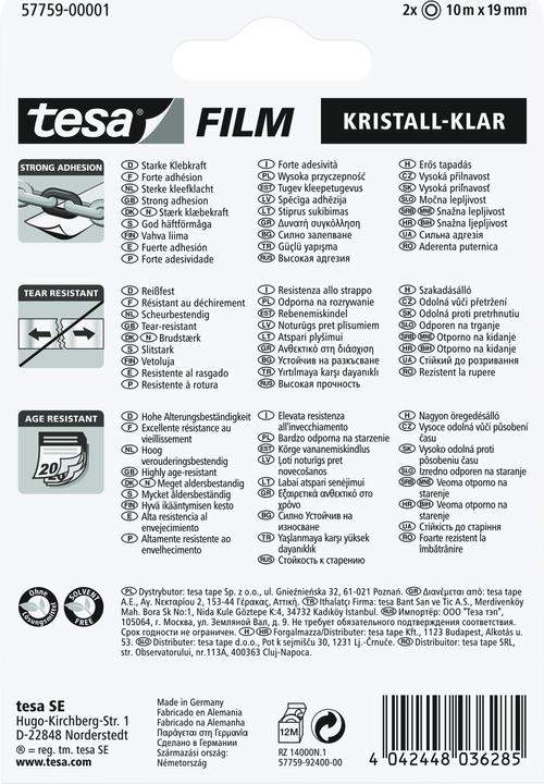 Produktbild tesa 2x tesafilm KRISTALL-KLAR, hochtransparent, alterungsbeständig, mit starker Haftung (19 mm)