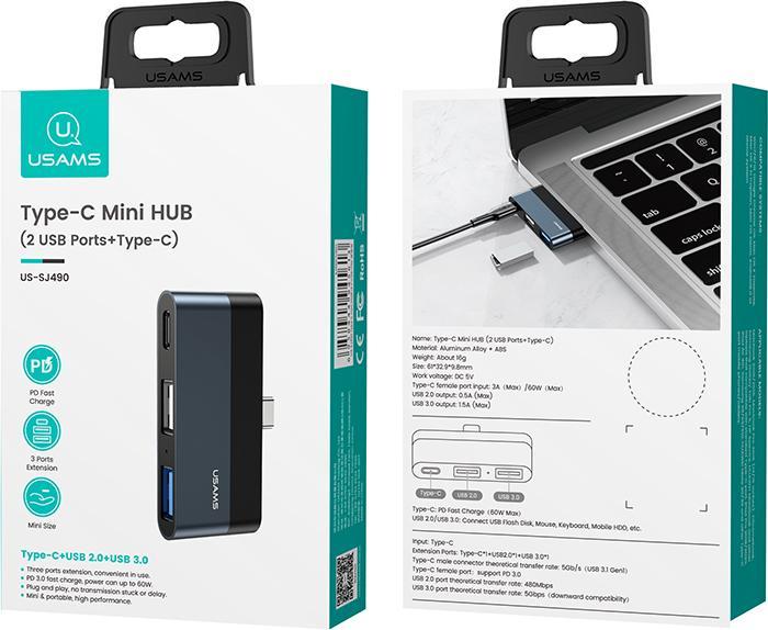 Actual product image Usams Adapter HUB USB 2.0USB 3.0USB-C szarygrey SJ490HUB01 US-SJ490 (USB-C, 2 Ports)