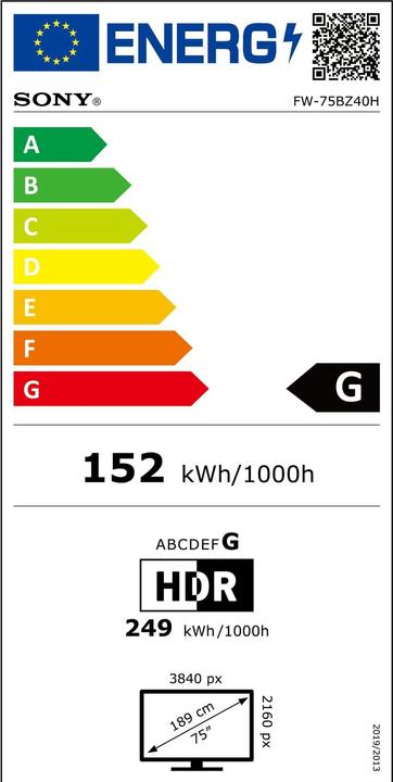 Energy Label Sony FW-75BZ40H - 75" (189 cm) diagonal class (74.5" (189.2 cm)) (3840 x 2160 Pixels, 75")