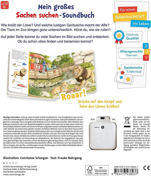 Immagine prodotto Ravensburger Sachen suchen, Sachen hören: Im Zoo (Tedesco, Frauca Nahrgang, Costanze Schargan, 2019)