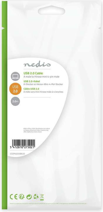 Actual product image Nedis Hir ose Mini cable USB 2.0 A male, 4-pin, male (2 m, USB 2.0)