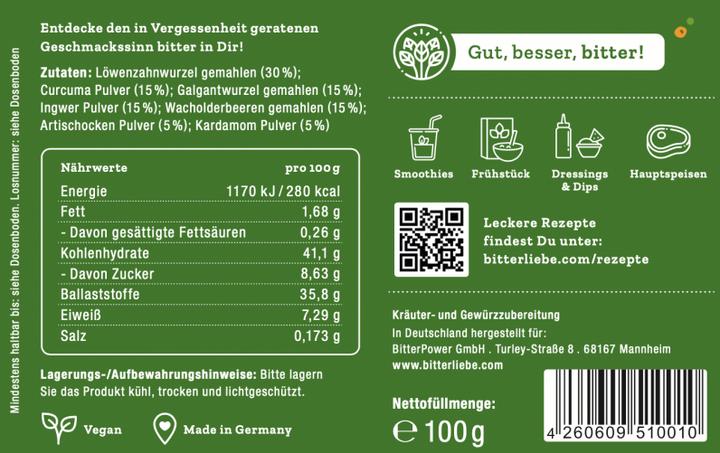 Nutritional values and ingredients Bitterliebe Powder from selected natural herbs 100 g (1 Piece, Powder, 100 g)