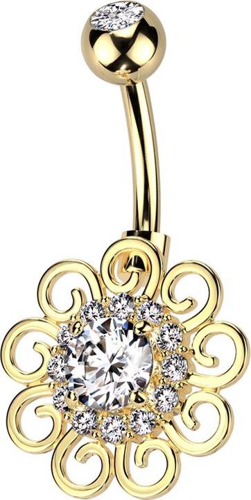 Star Piercing Banane vergoldet mit Kugel vergoldet Kristall silber und Blume Kristallen silber (Messing, Chirurgenstahl 316L)