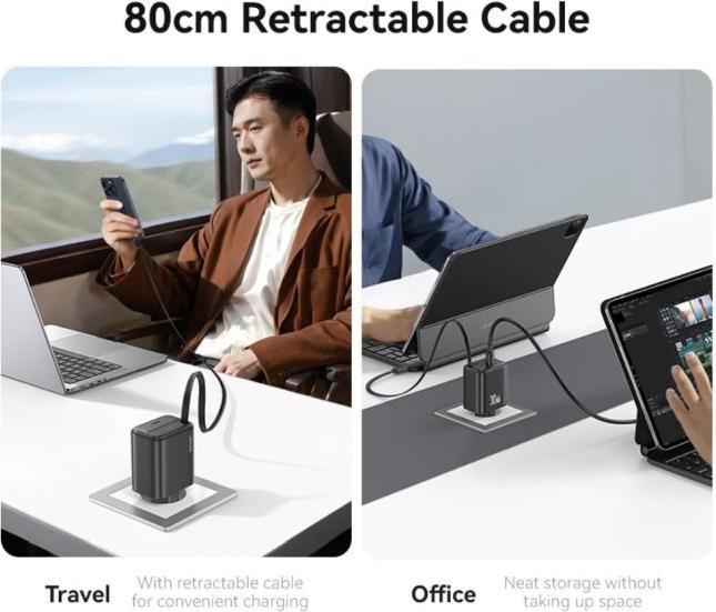 Immagine prodotto Usams Ład. siec. 1xUSB-C ze zwijanym kablem USB-C Retractable PD+QC 30W Gan Fast Charging czarny/bla (30 W)