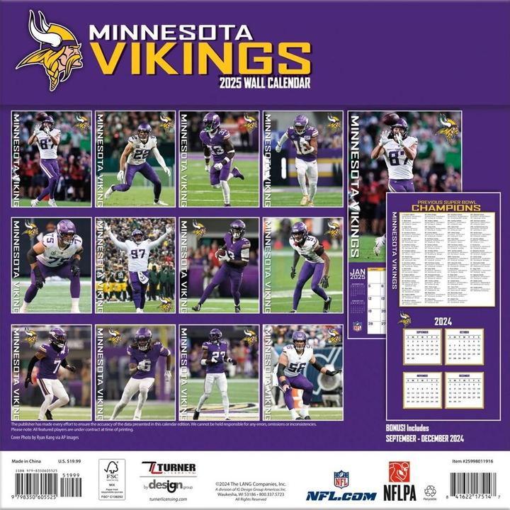 Image du produit NFL - Minnesota Vikings - Calendrier mural de l'équipe 30,5 x 30,5 cm 2025 (30,5 x 30,5 cm, Français, Italien, Espagnol, Allemand, Anglais)