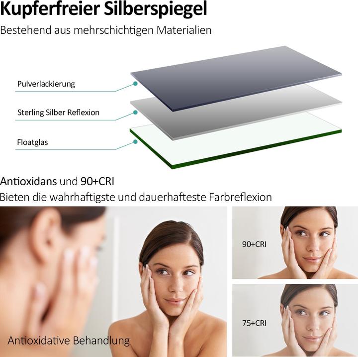 Produktbild Emke Badezimmerspiegel mit Beleuchtung 120*60cm,Beschlagfrei, 3000K/6500K,Tast Schalter (120 x 60 cm)