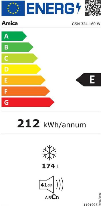 Label énergétique Amica Amic GefSch GSN 324 160 W, 55cm, wh 145cm de haut, noFrost, EEK E (Autonome, 174 l)