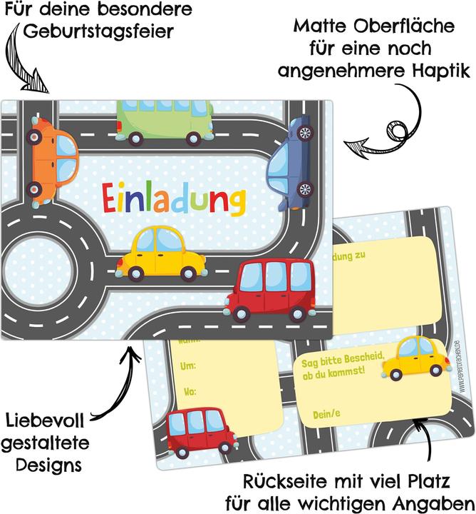 Produktbild Papierdrachen 12 Einladungskarten zum Geburtstag – Autos (12 Stk.)