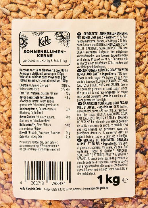 Valori nutrizionali e ingredienti KoRo Semi di girasole tostati con miele e sale (1000 g)