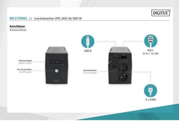 Actual product image Digitus Line Interactive USV 600VA/360W black 2xSchuko 2xRJ11 AVR H279xB101xD142 mm (600 VA, 360 W, Line-interactive UPS)