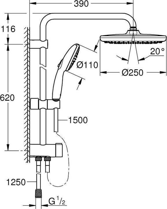 Image du produit Grohe Vitalio Start System 250 Système de douche flexible avec inverseur, kit de rénovation, trous de