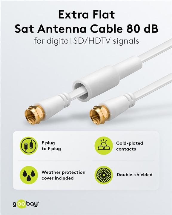 Image du produit Goobay Câble plat SAT, 100% blindé, doré, protégé contre les intempéries, blanc, 7.5 m (80 dB, Câble d'antenne)