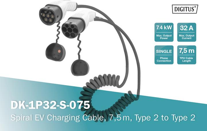 Image du produit Digitus Câble de charge (Type 2, 7.40 kW, 32 A, 7.50 m)