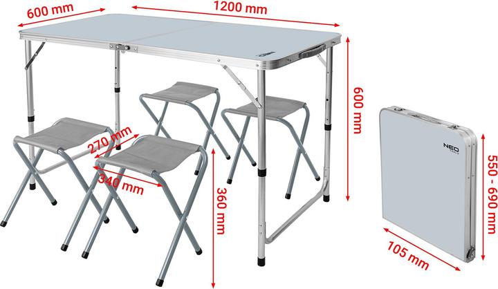 Produktbild Neo Ein Set aus Campingtisch und 4 Stühlen, zusammengefaltet in einem Koffer