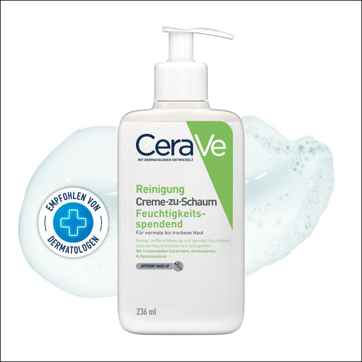 Produktbild CeraVe Creme-zu-Schaum Reinigung für normale bis trockene Haut (Waschcrème, Schaum, 236 ml)