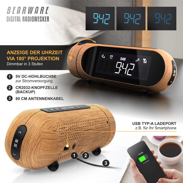 Image du produit Bearware Projektionswecker, Radiowecker DAB Plus, FM & DAB+ Küchenradio digital, Wecker, 4 Helligkeitsstufen