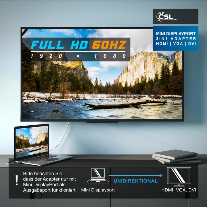Produktbild CSL 3in1 Mini DisplayPort zu HDMI, DVI, VGA Adapter Konverter, miniDP 1.2 4k 3840x2160 UHD 2160p, 0,15m (HDMI, DVI, VGA, 8.50 cm)