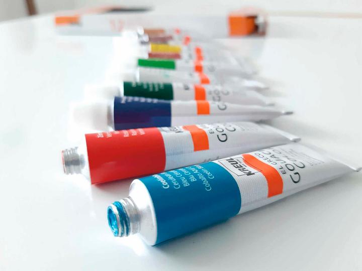 Actual product image Kreul el Greco gouache colours (Light green, Titanium white, Lemon, Prussian blue, vermilion, Brilliant violet, Crimson, Black, Siena burnt, Coelin blue, Ochre yellow, Chrome oxide green, 144 ml)