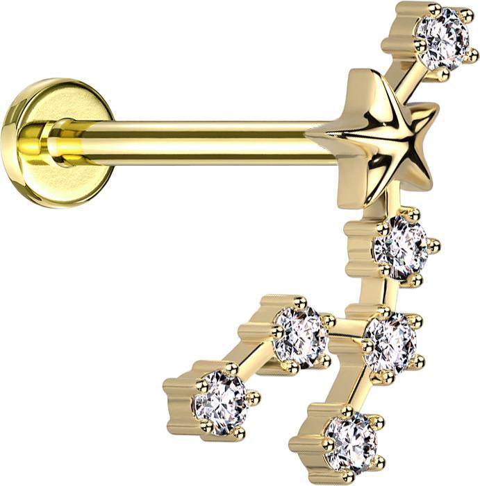 Star Piercing Micro Labret Innengewinde vergoldet Sternzeichen Löwe mit Kristallen (Chirurgenstahl 316L, Messing)