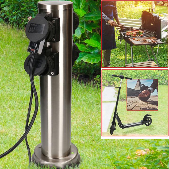 Actual product image Max Hauri Set of 2 round garden socket pillar with 4 type 13 sockets, IP55, black/silver (4 x, Type 13)