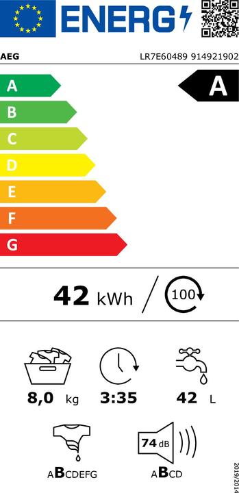 Label énergétique AEG LR7E60489 Lave-linge chargement frontal 8 kg 1 400 tr/min Départ différé (8 kg, Gauche)