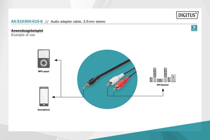 Image du produit Digitus ASSMANN Câble adaptateur audio stéréo 3,5mm - 2x RCA 1,50m CCS 2x0.10/10 blindé M/M noir (1.50 m, RCA, Jack 3,5 mm (AUX))