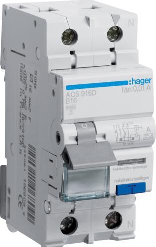 Hager FI/LS-Schalter 1P+N 6kA B-16A 10mA ACS916D