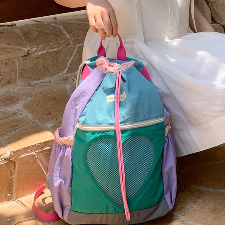 Produktbild Only-Bags.Store Farbblock-Nylon-Rucksack mit Kordelzugverschluss, verstellbarem Riemen, Polyester-Futter