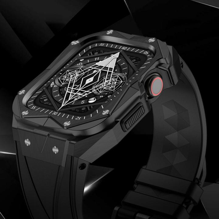 Produktbild Kingxbar CYF140 Robustes 2in1-Gehäuse für Apple Watch SE 6, 5, 4 (44 mm) Edelstahl mit schwarzem Armband (44 mm, TPU, Nerūdijantis plienas)