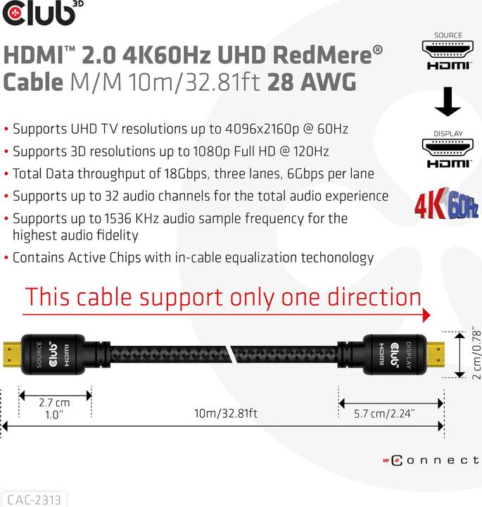 Produktbild Club 3D HDMI 2.0 4K60Hz RedMere-Kabel 10 m (10 m, HDMI)