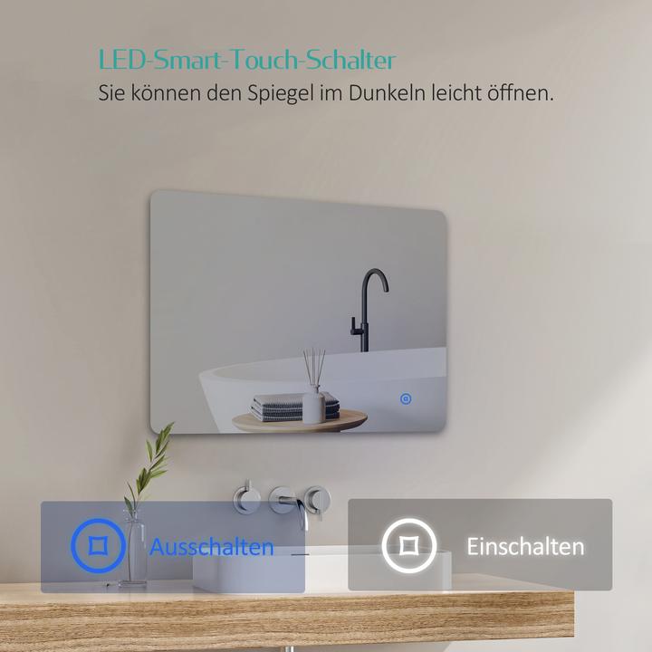 Produktbild Emke Badspiegel mit Beleuchtung 80*60cm,Beschlagfrei, 3 Farbtemperaturen(3000K-6500K) und dimmbaren (80 x 60 cm)