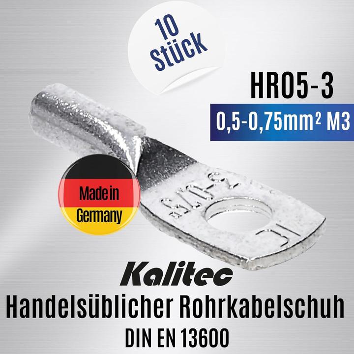 Actual product image Kalitec 10 pieces HR05-3 Commercially available tubular cable lugs 0.5-0.75mm² M3 I without visible hole I