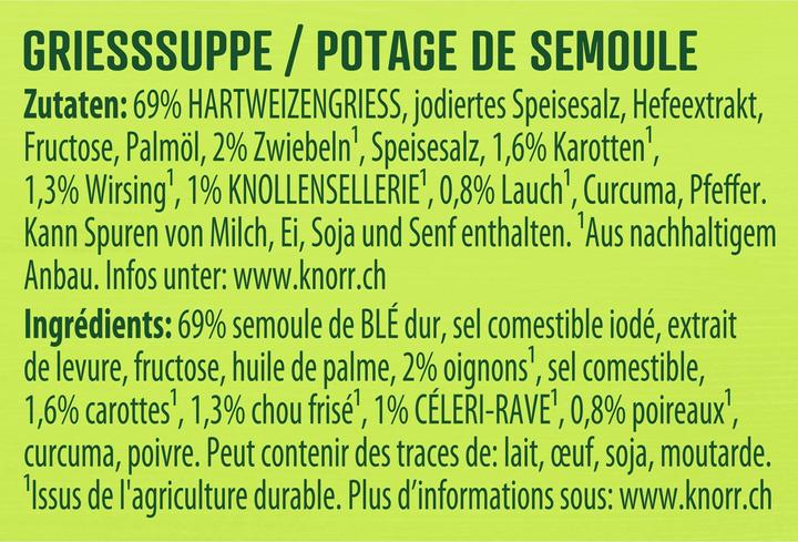 Nutritional values and ingredients Knorr Graziella soup bag, durum wheat semolina with onions, carrots & leeks, prepared in 10 minutes.