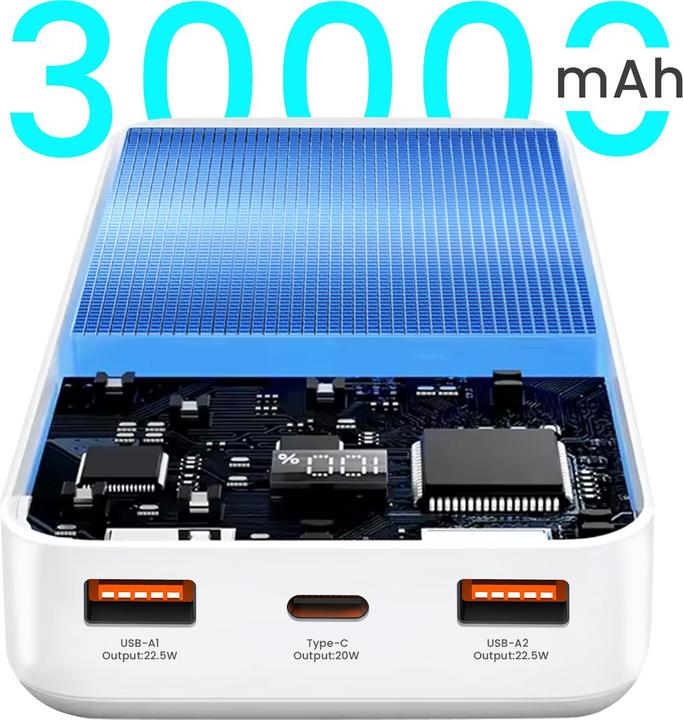 Actual product image Bwoo 22,5W 30000 mAh power bank with LCD screen, white (30000 mAh, 20 W)