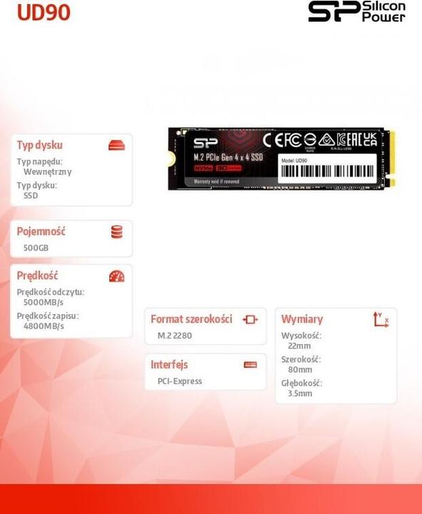 Produktbild Silicon Power M.2 2280 PCIe 500GB SSD UD90 Gen4x4 NVMe 4500/1950 MB/s (500 GB, M.2 2280)