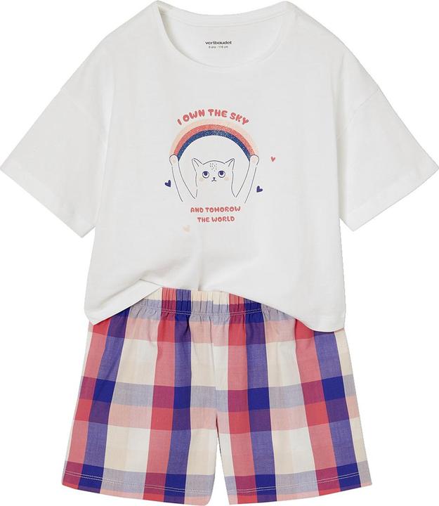 Vertbaudet Mädchen Sommer-Schlafanzug mit Katze und Popeline-Shorts
