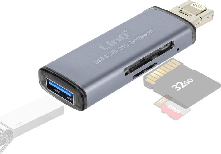 Actual product image LinQ 2-in-1 Lightning / USB plug SD / Micro-SD card reader, - Grey (Lightning, USB)